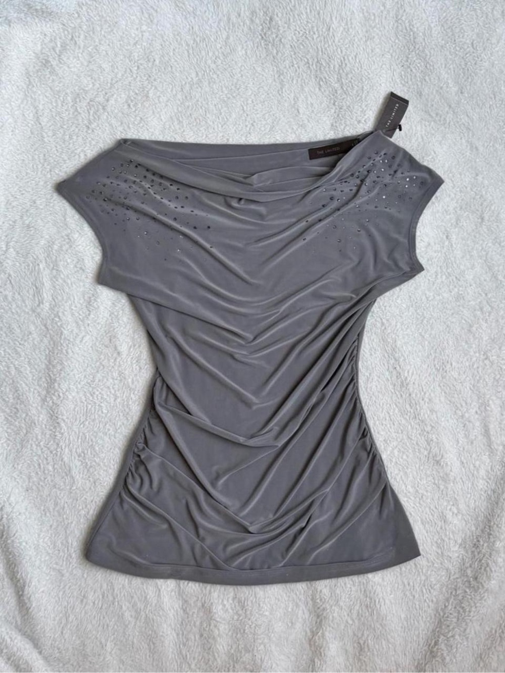 The Limited Gray Ruched Boatneck Top with Shoulder Embellishments